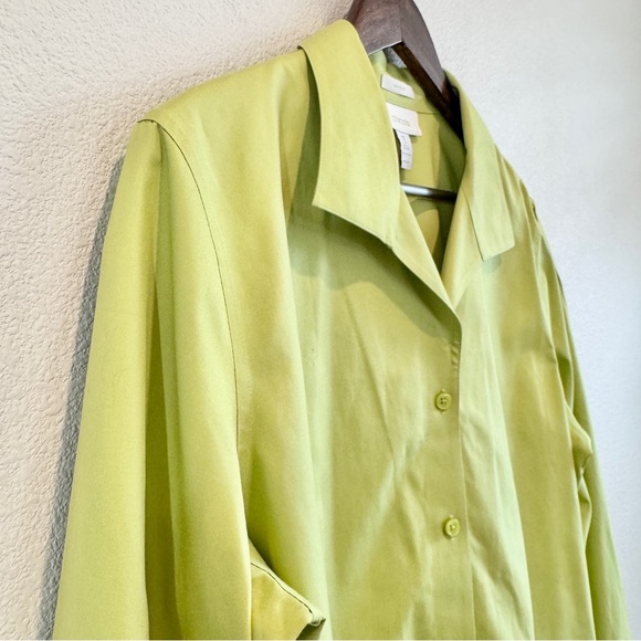 Coastal Preppy Chartreuse No Iron Button Up Chico’s Size 3 US XL Cotton Plus - Picture 4 of 9